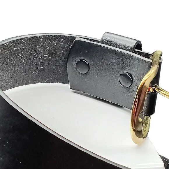 Vintage Black Leather Belt with Gold Buckle & Stamped and Painted Eagle Design